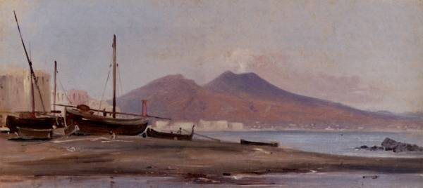 Fishing Boats Along The Sorrentine Coast With A View Of Mount Vesuvius